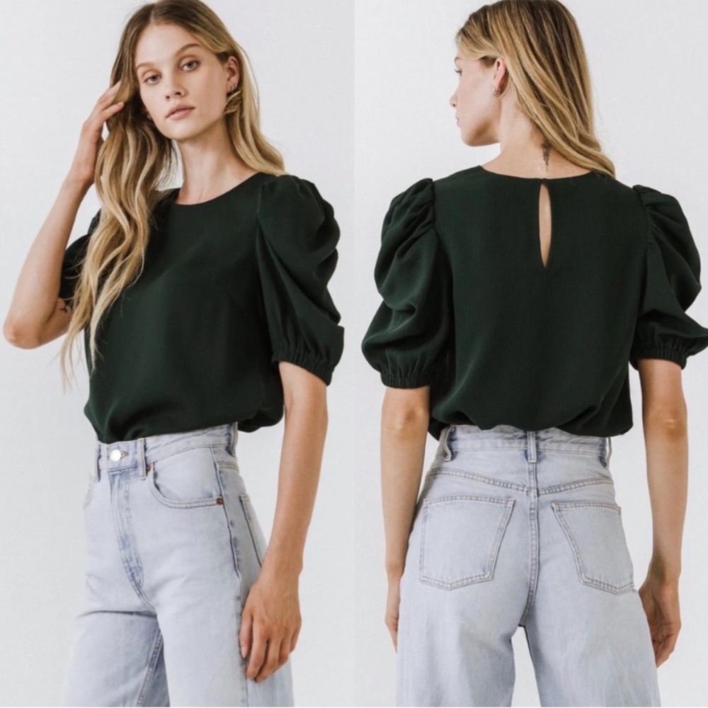 NWT ENGLISH FACTORY | Emerald Green Pleated Puff Sleeve Top